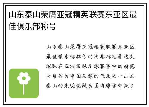 山东泰山荣膺亚冠精英联赛东亚区最佳俱乐部称号