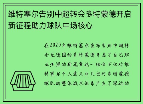 维特塞尔告别中超转会多特蒙德开启新征程助力球队中场核心 维特塞尔告别中超转会多特蒙德开启新征程助力球队中场核心