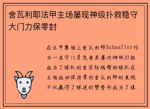 舍瓦利耶法甲主场屡现神级扑救稳守大门力保零封 舍瓦利耶法甲主场屡现神级扑救稳守大门力保零封